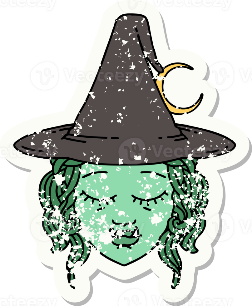 grunge sticker of a half orc witch character face png