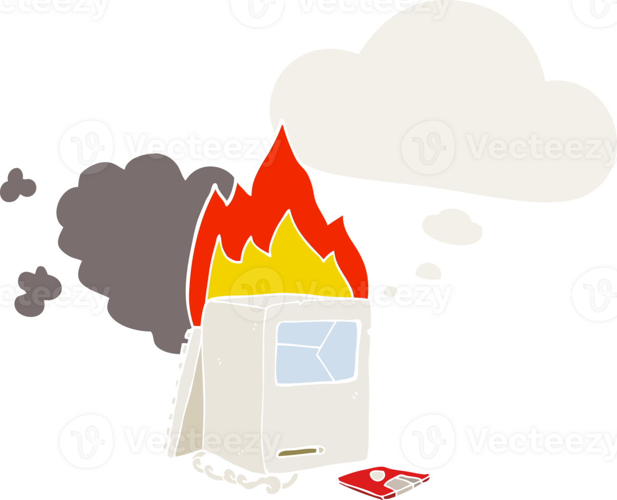 cartoon broken computer with thought bubble in retro style png