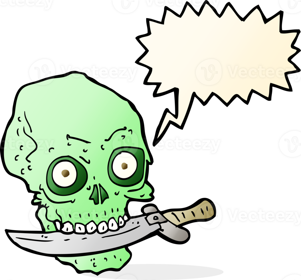 cartoon pirate skull with knife in teeth with speech bubble png