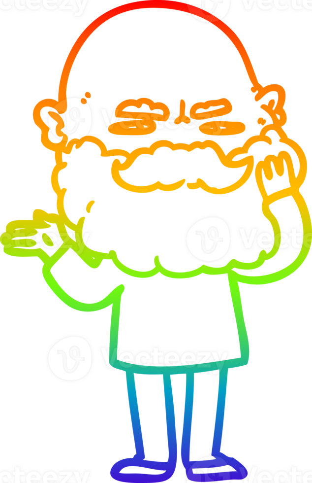 rainbow gradient line drawing of a cartoon man with beard frowning png
