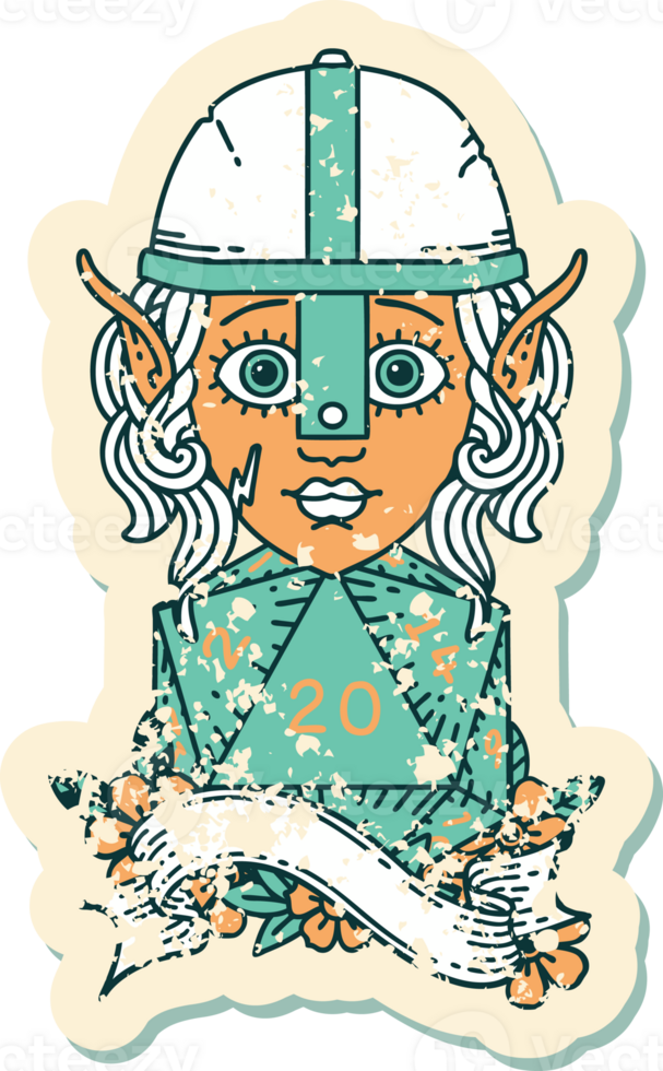 personnage de combattant elfe de style tatouage rétro avec un rouleau de vingt dés naturel png