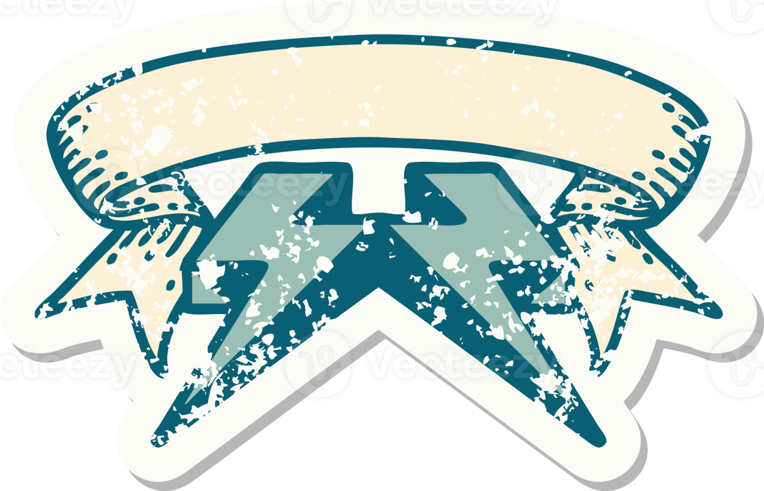 worn old sticker with banner of lighting bolt png