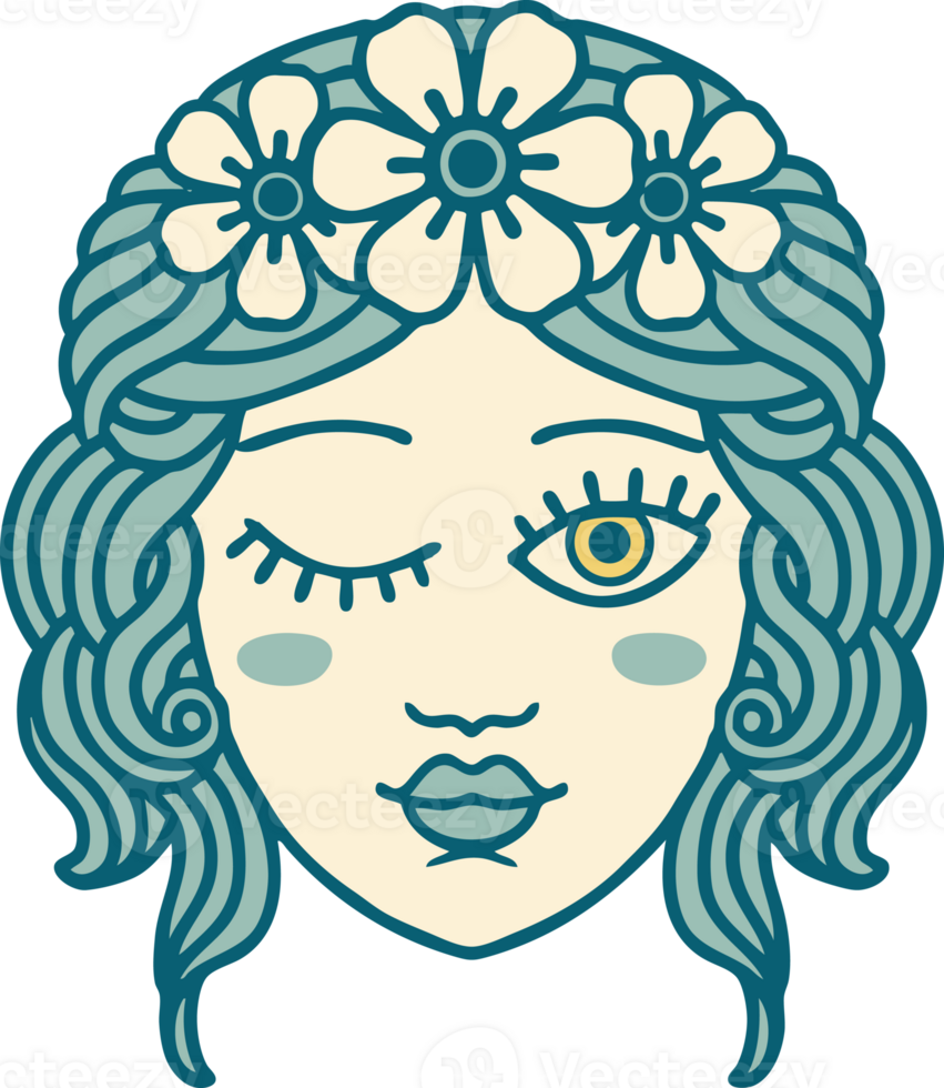 iconic tattoo style image of a maidens face winking png