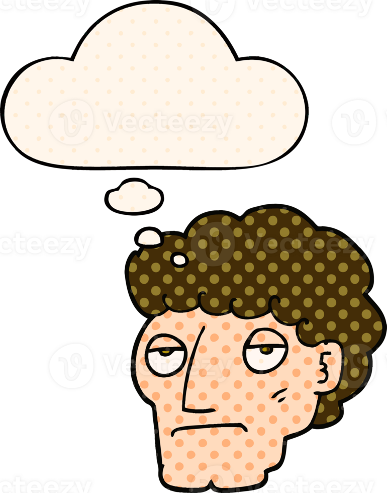 cartoon bored man with thought bubble in comic book style png