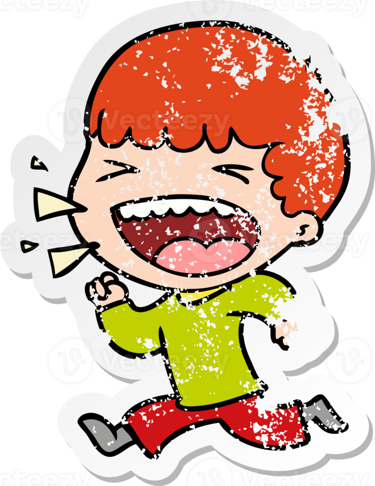 distressed sticker of a cartoon laughing man png