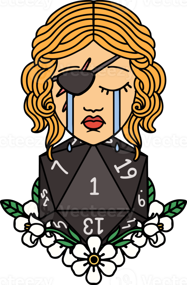 pícaro humano llorando con una ilustración de rollo natural d20 png