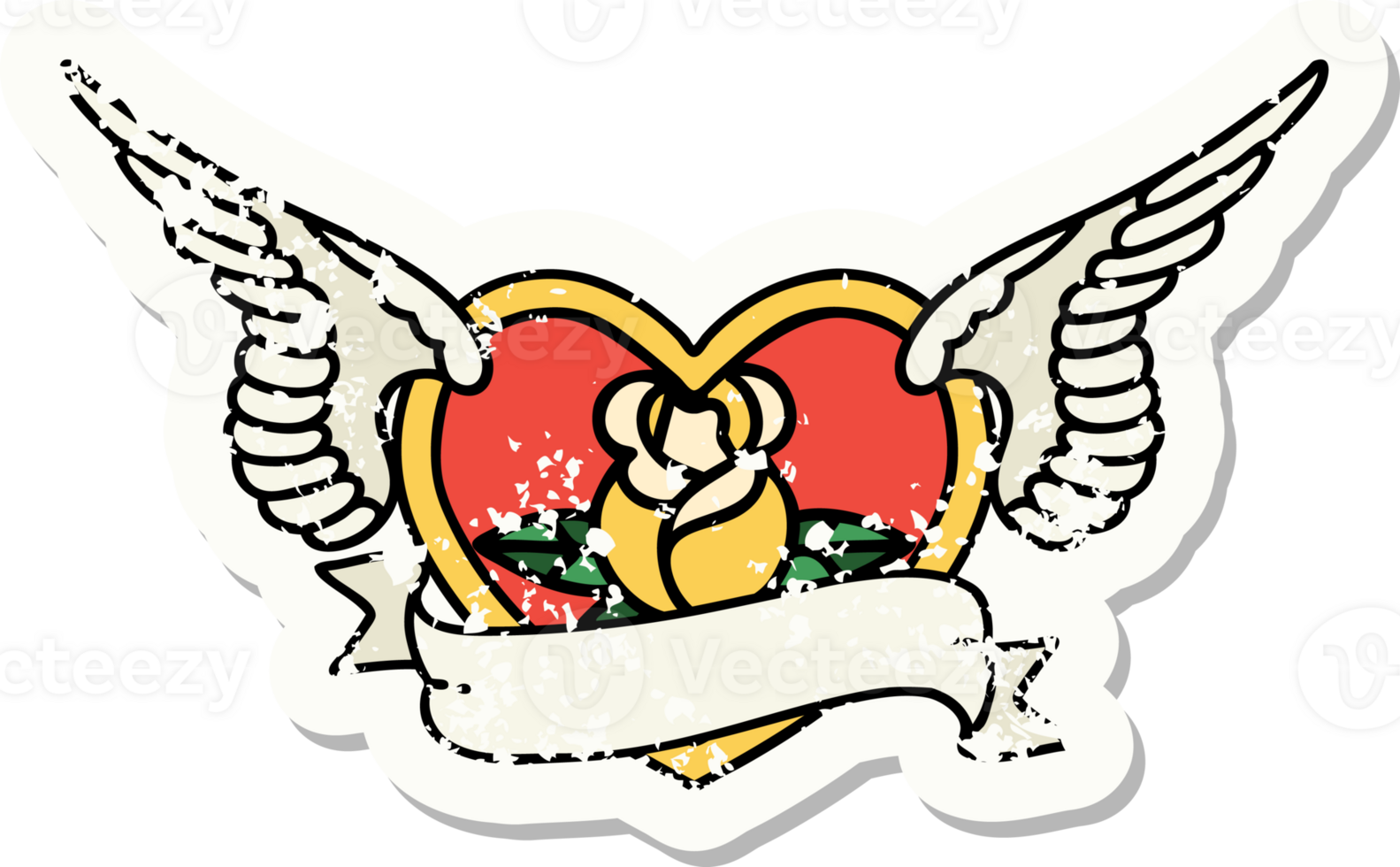 traditional distressed sticker tattoo of a flying heart with flowers and banner png