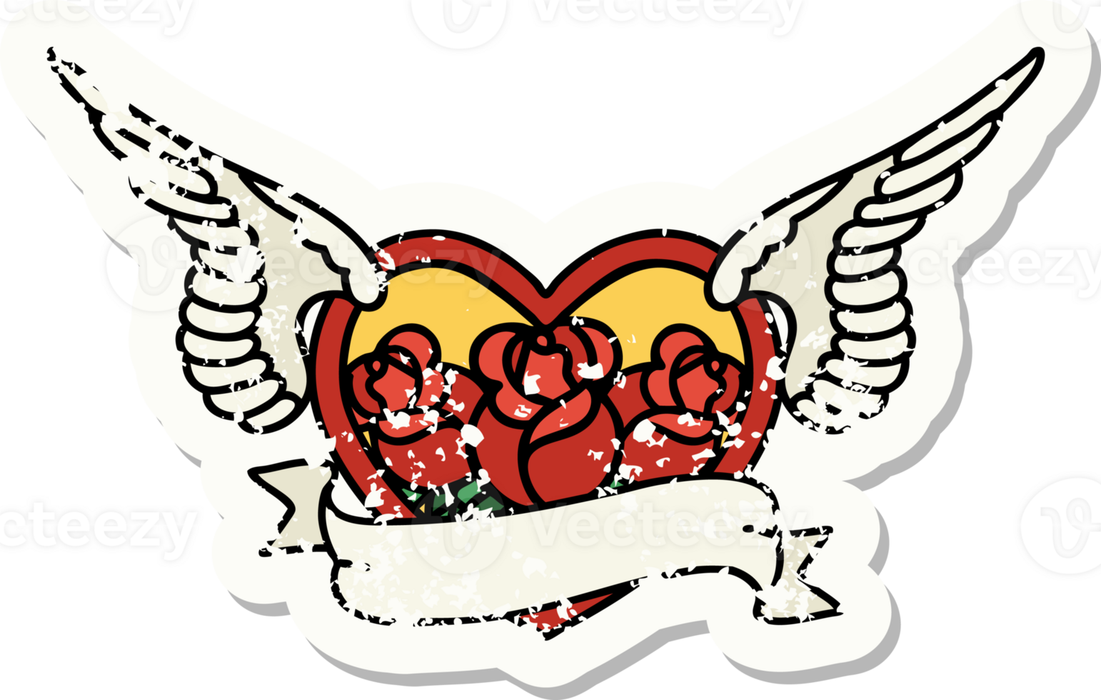 traditional distressed sticker tattoo of a flying heart with flowers and banner png