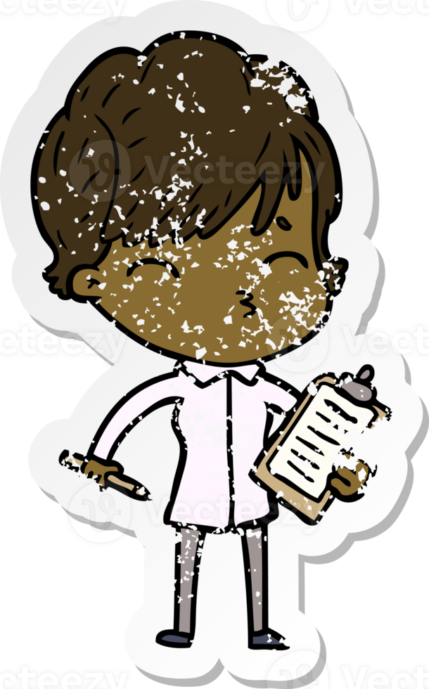 distressed sticker of a cartoon woman thinking png