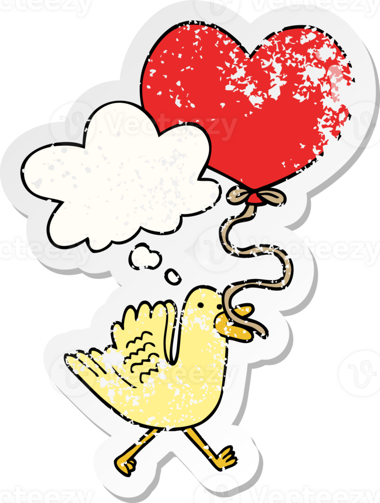 cartoon bird with heart balloon and thought bubble as a distressed worn sticker png