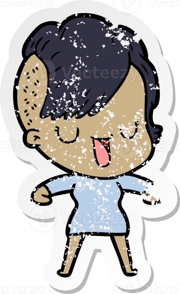 distressed sticker of a cute cartoon girl with hipster haircut png