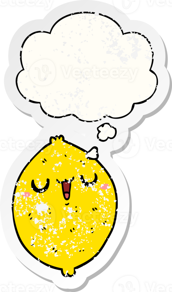 cartoon happy lemon and thought bubble as a distressed worn sticker png