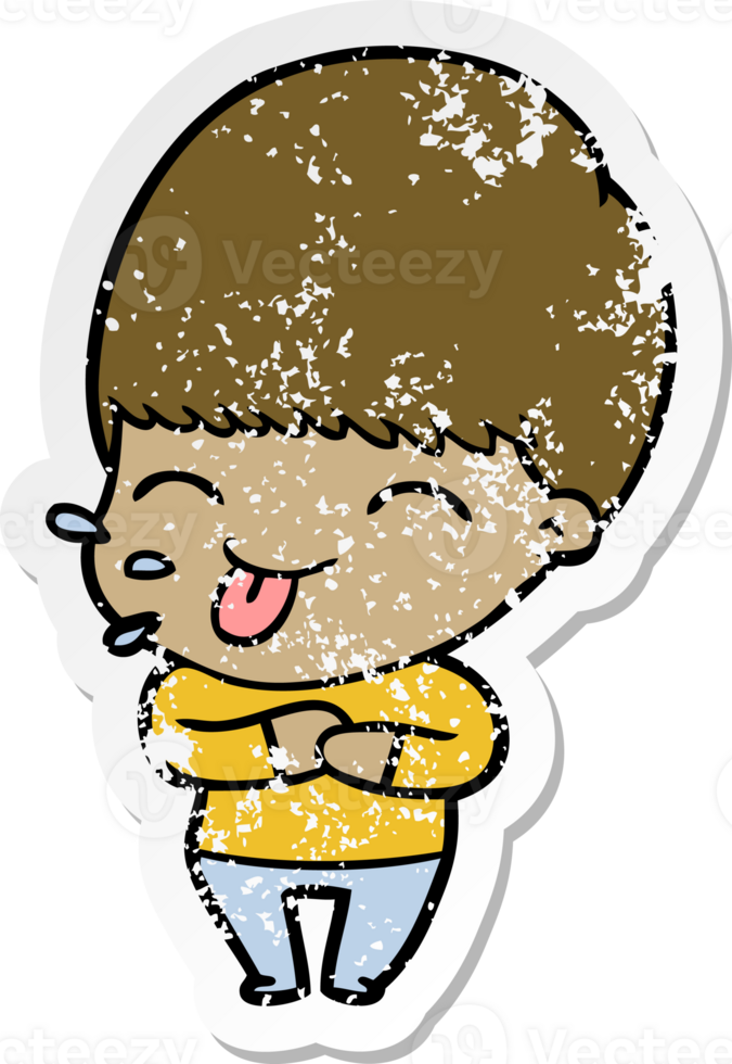 distressed sticker of a cartoon boy sticking out tongue png