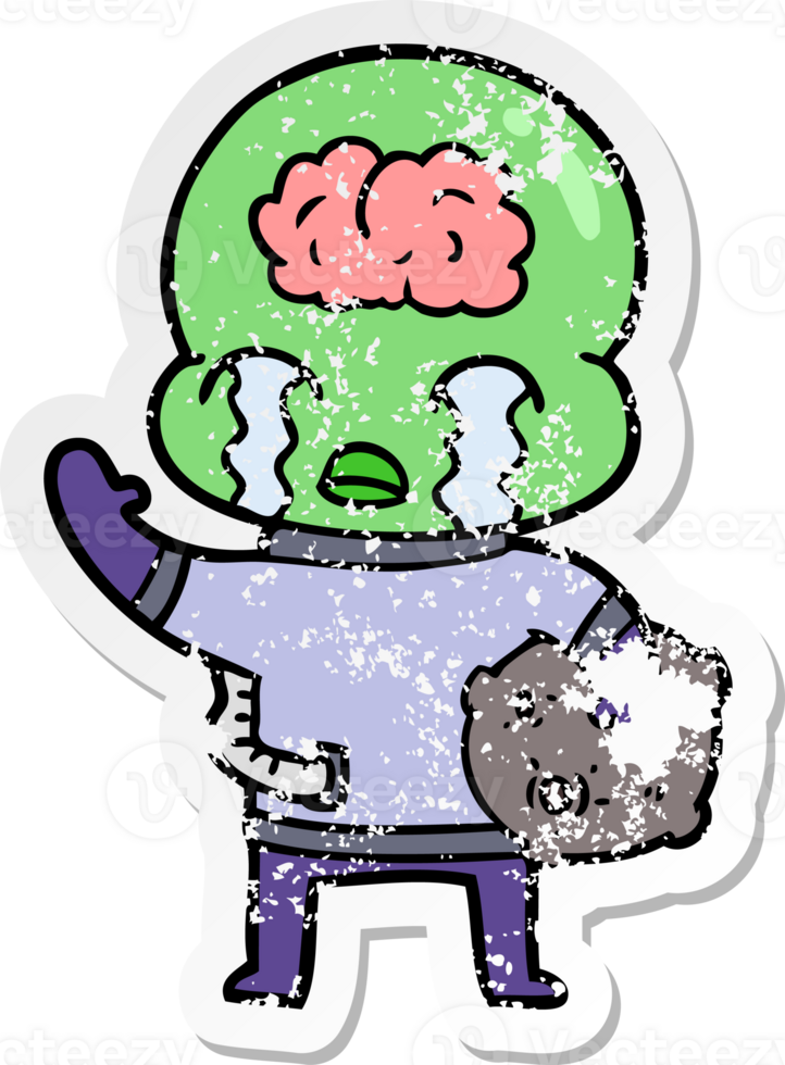 distressed sticker of a cartoon big brain alien crying and waving goodbye png