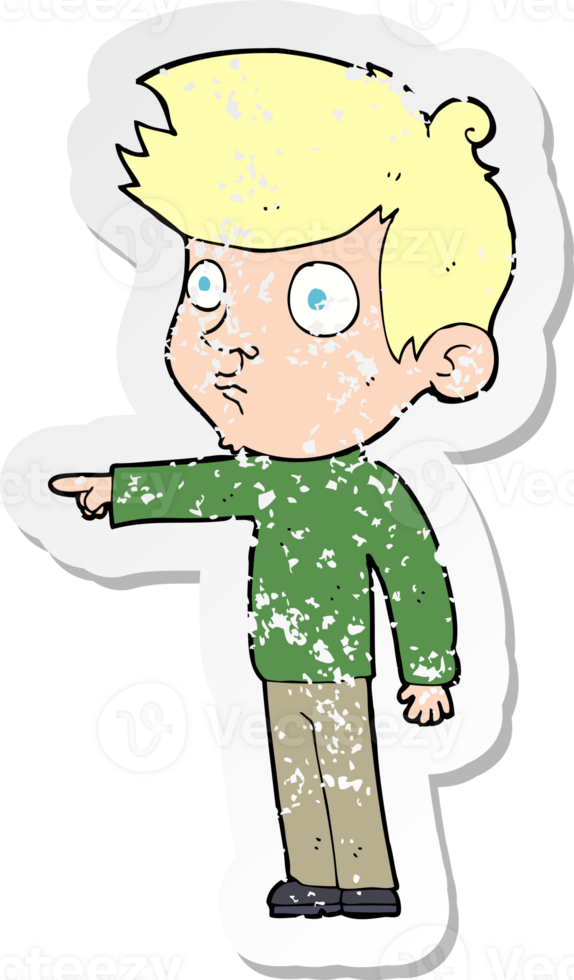 retro distressed sticker of a cartoon pointing boy png