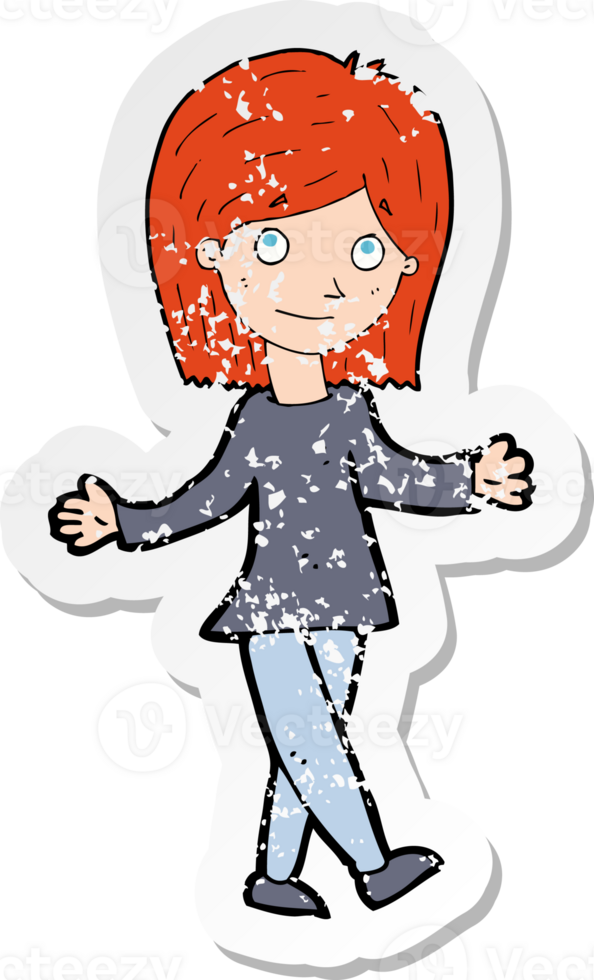 retro distressed sticker of a cartoon woman with no worries png