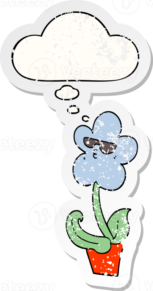 cool cartoon flower and thought bubble as a distressed worn sticker png