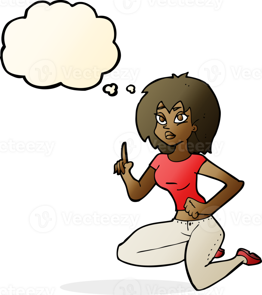 cartoon sitting woman with idea with thought bubble png