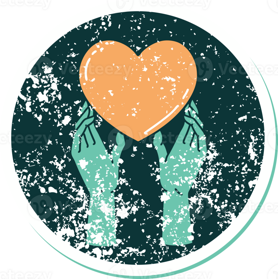 distressed sticker tattoo style icon of a hands reaching for a heart png