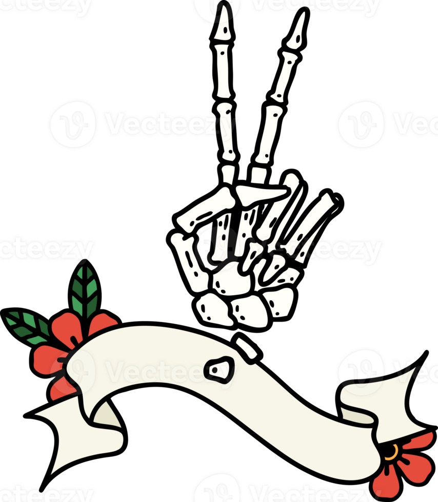 tattoo with banner of a skeleton hand giving a peace sign png