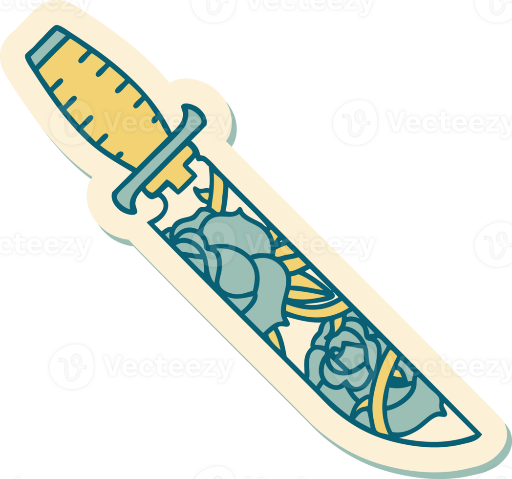 tattoo style sticker of a dagger and flowers png