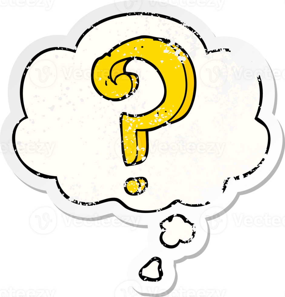 cartoon question mark and thought bubble as a distressed worn sticker png