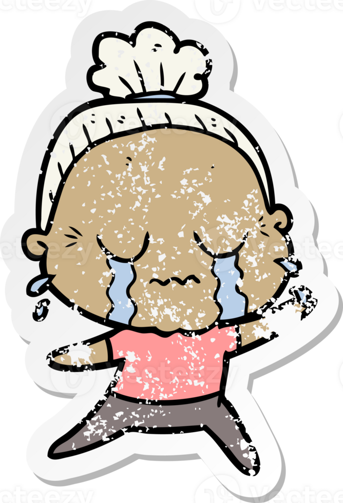 distressed sticker of a cartoon crying old lady png