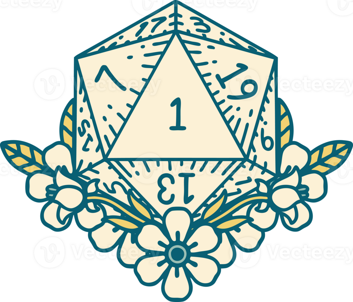 natural one dice roll with floral elements illustration png