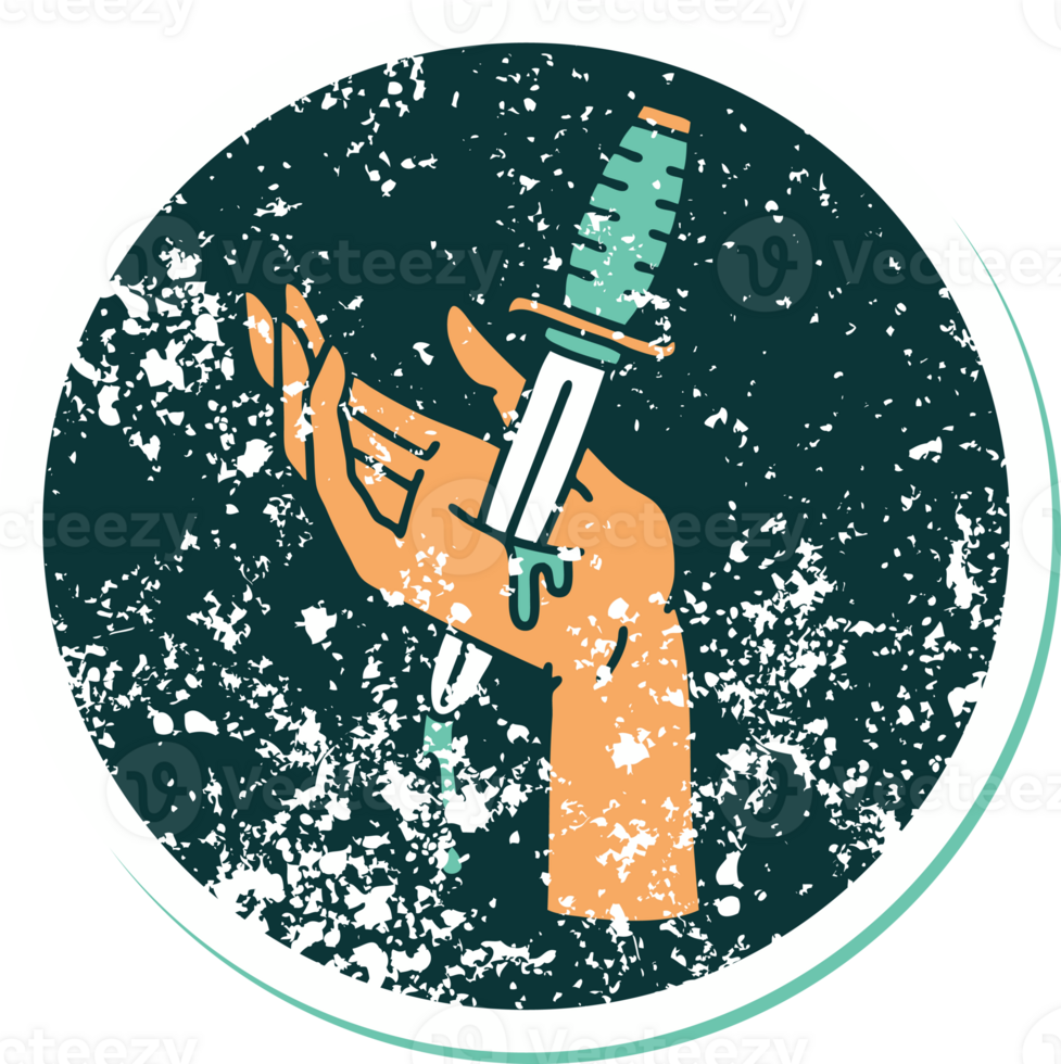 distressed sticker tattoo style icon of a dagger in the hand png