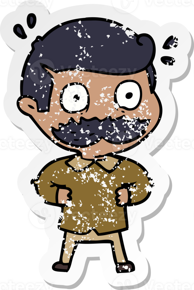 distressed sticker of a cartoon man with mustache shocked png