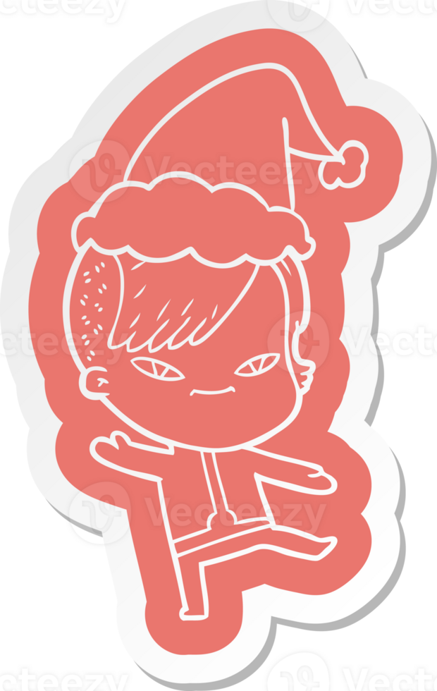 schattig tekenfilm sticker van een meisje met hipster kapsel vervelend de kerstman hoed png