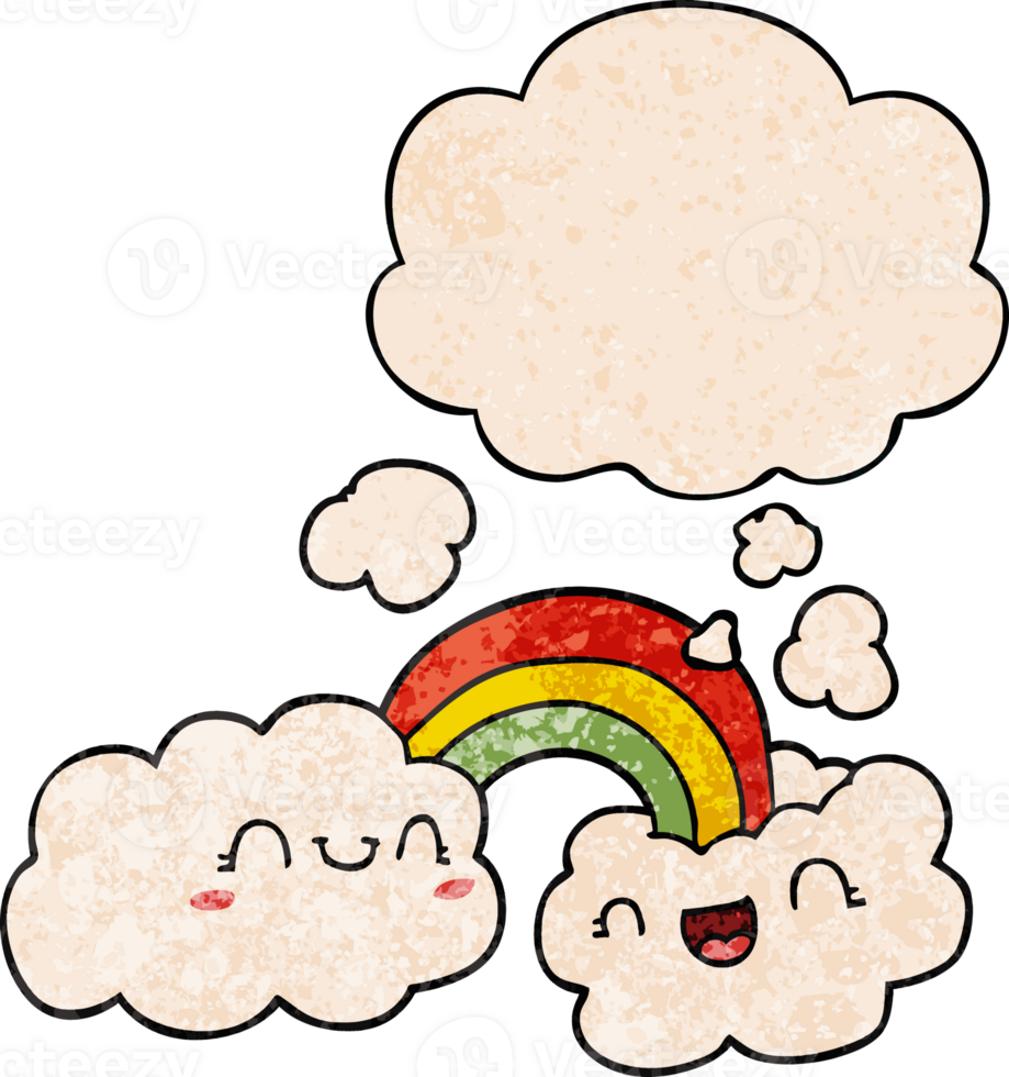 happy cartoon clouds and rainbow and thought bubble in grunge texture pattern style png