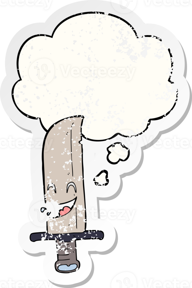 cartoon laughing knife and thought bubble as a distressed worn sticker png