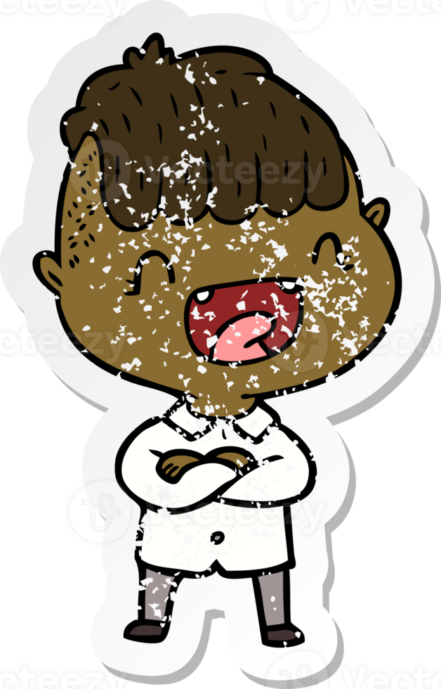distressed sticker of a cartoon happy boy laughing png