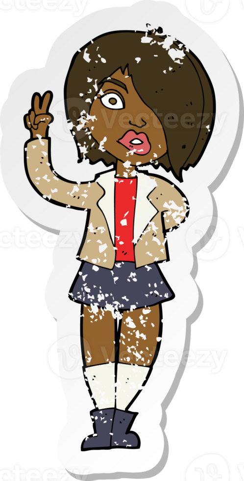 retro distressed sticker of a cartoon cool girl giving peace sign png