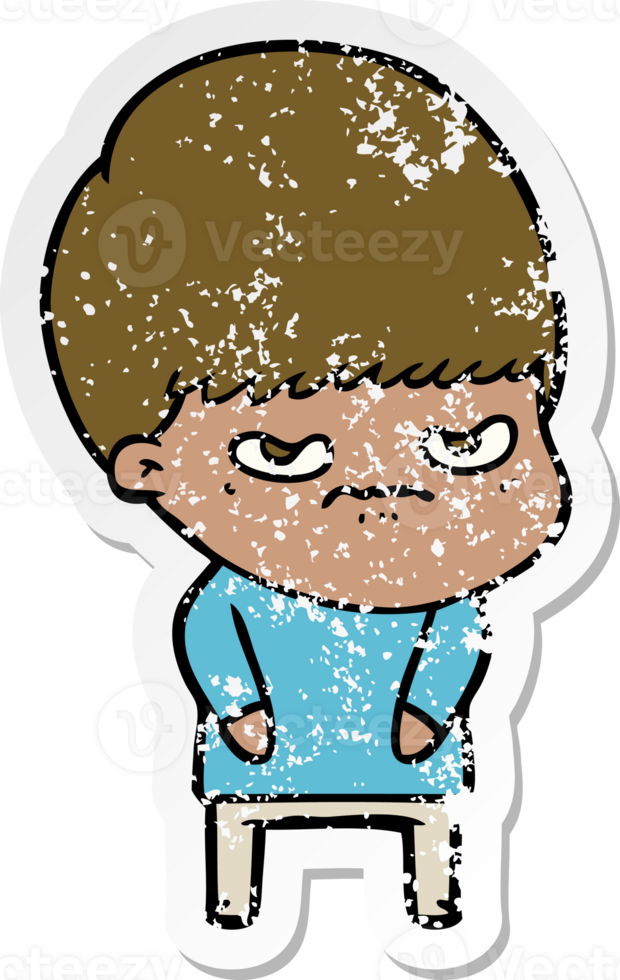 distressed sticker of a annoyed cartoon boy png