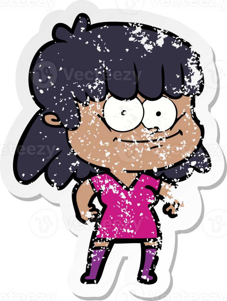 distressed sticker of a cartoon girl smiling png