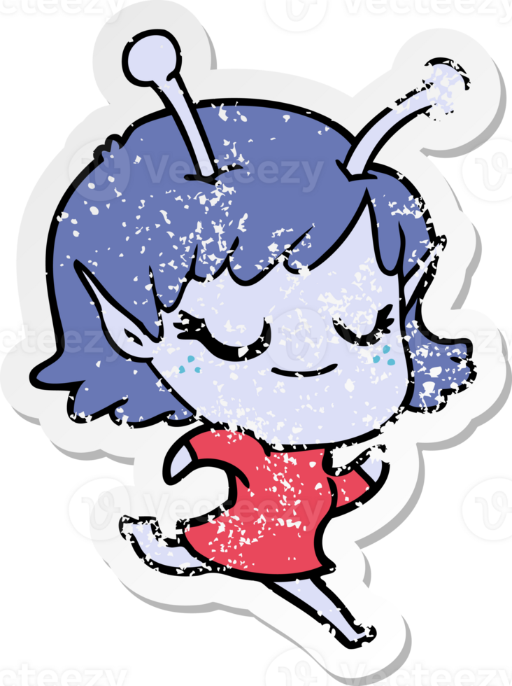 distressed sticker of a smiling alien girl cartoon running png