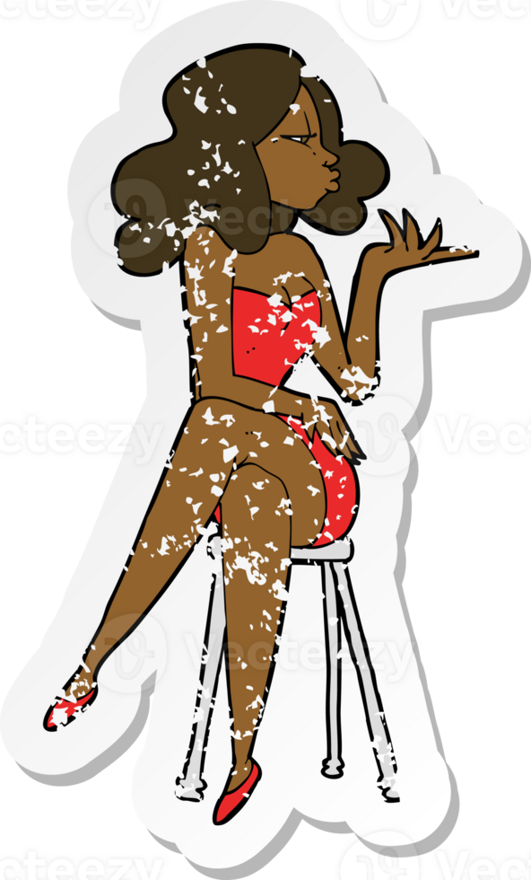 Retro noodlijdende sticker van een cartoonvrouw zittend op een barkruk png