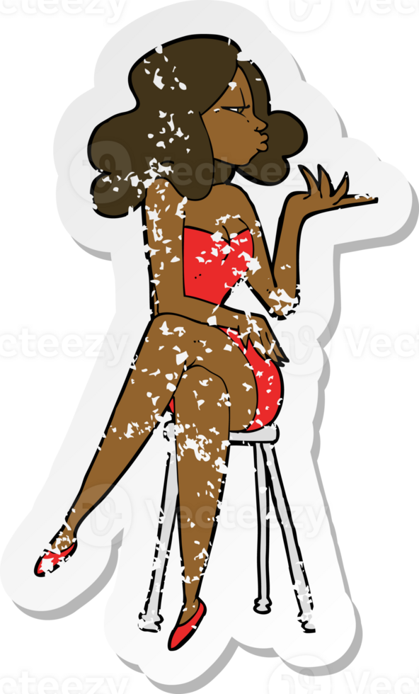 retro distressed sticker of a cartoon woman sitting on bar stool png