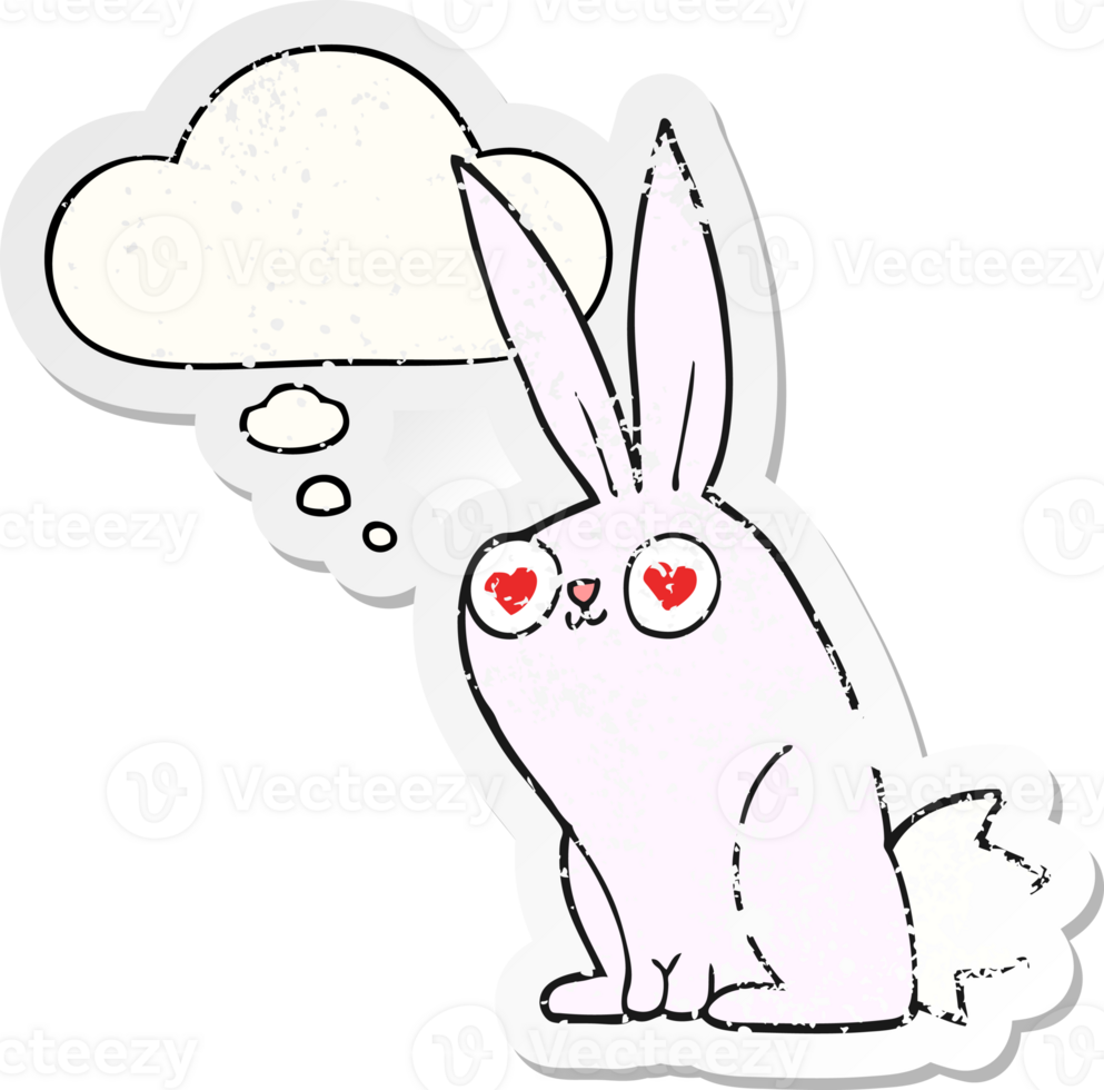 cartoon bunny rabbit in love and thought bubble as a distressed worn sticker png