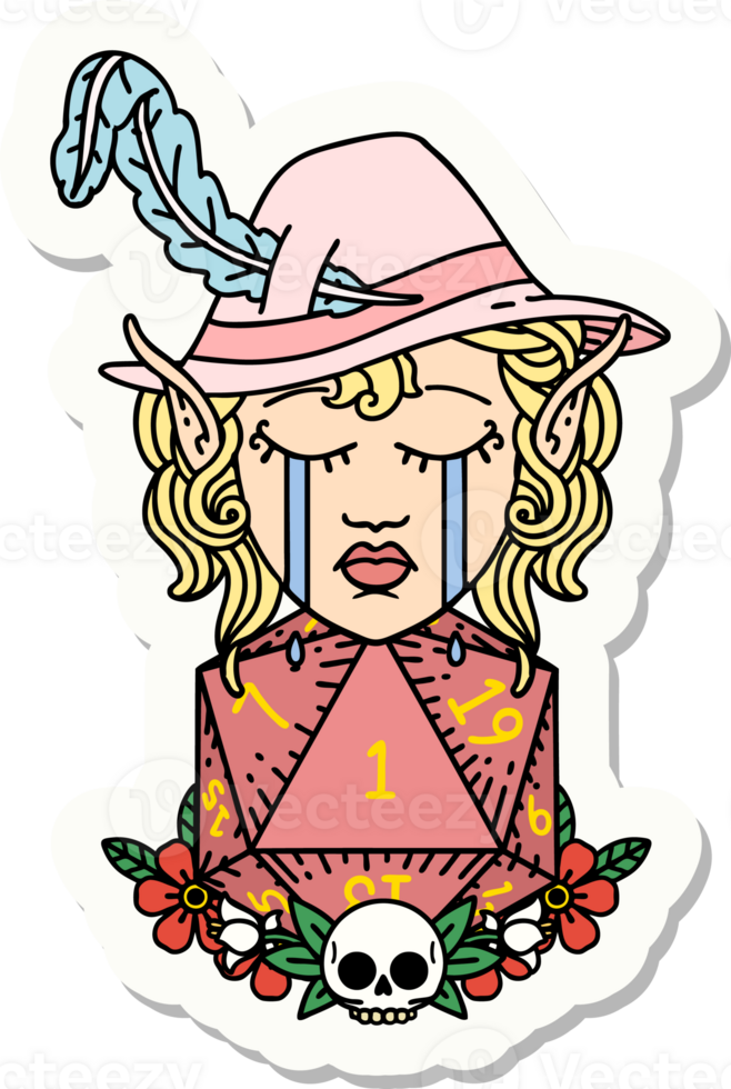 crying elf bard character with natural one D20 roll sticker png
