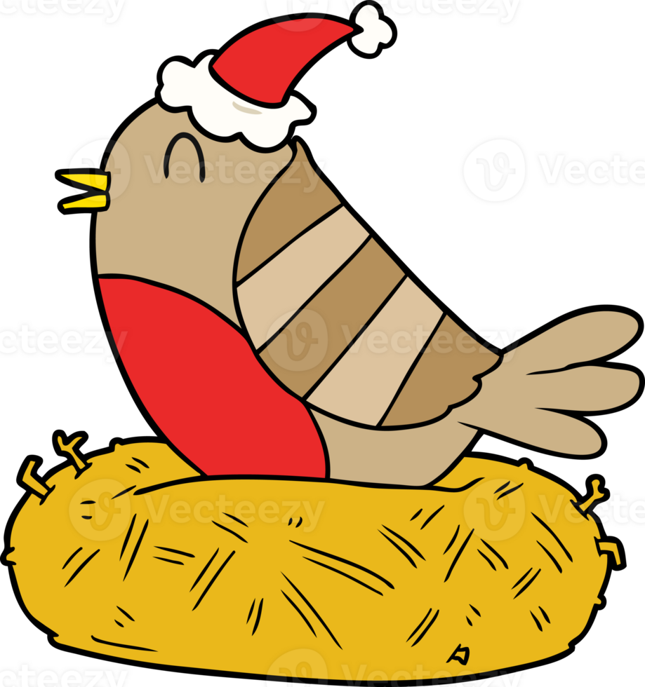 line drawing of a bird sitting on nest wearing santa hat png