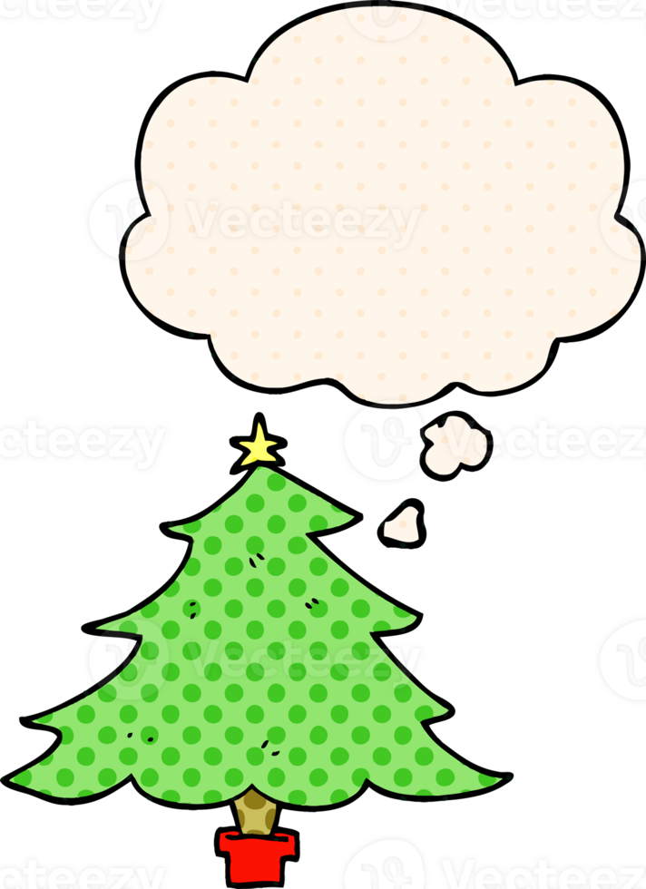 cartoon christmas tree and thought bubble in comic book style png