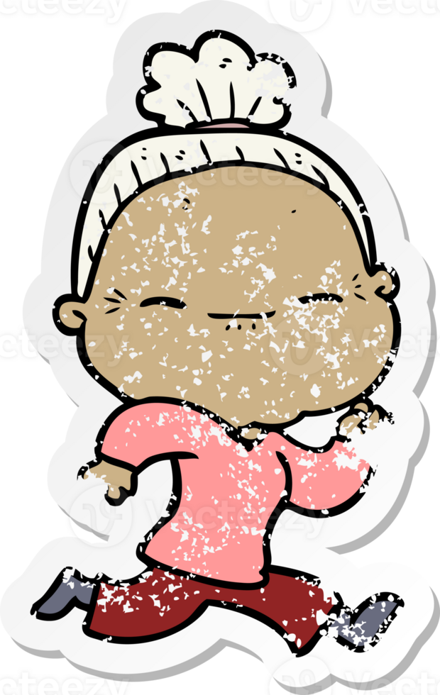 distressed sticker of a cartoon peaceful old woman png