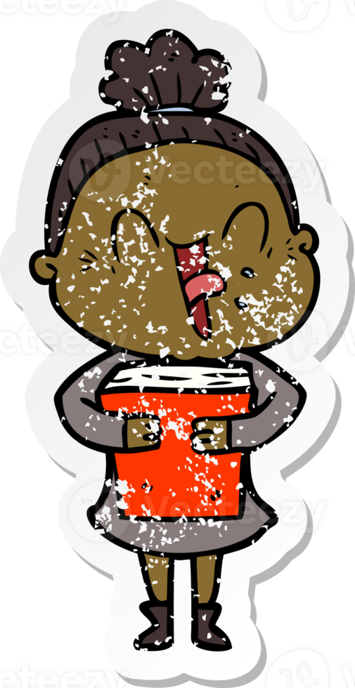 distressed sticker of a cartoon happy old woman png
