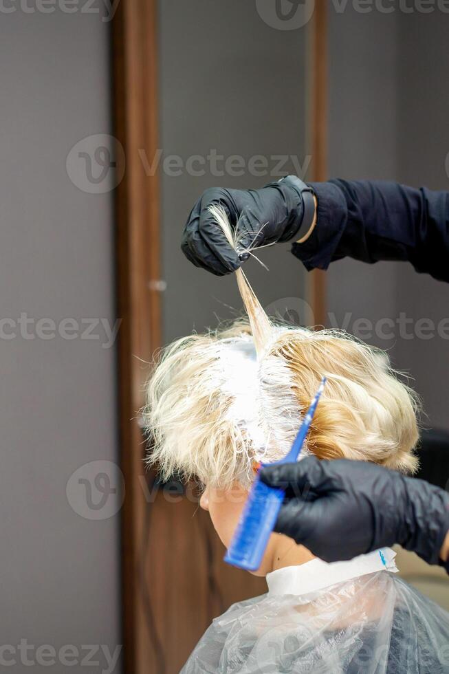 Coloring female hair in the hair salon. Young woman having her hair dyed by beautician at the beauty parlor. photo