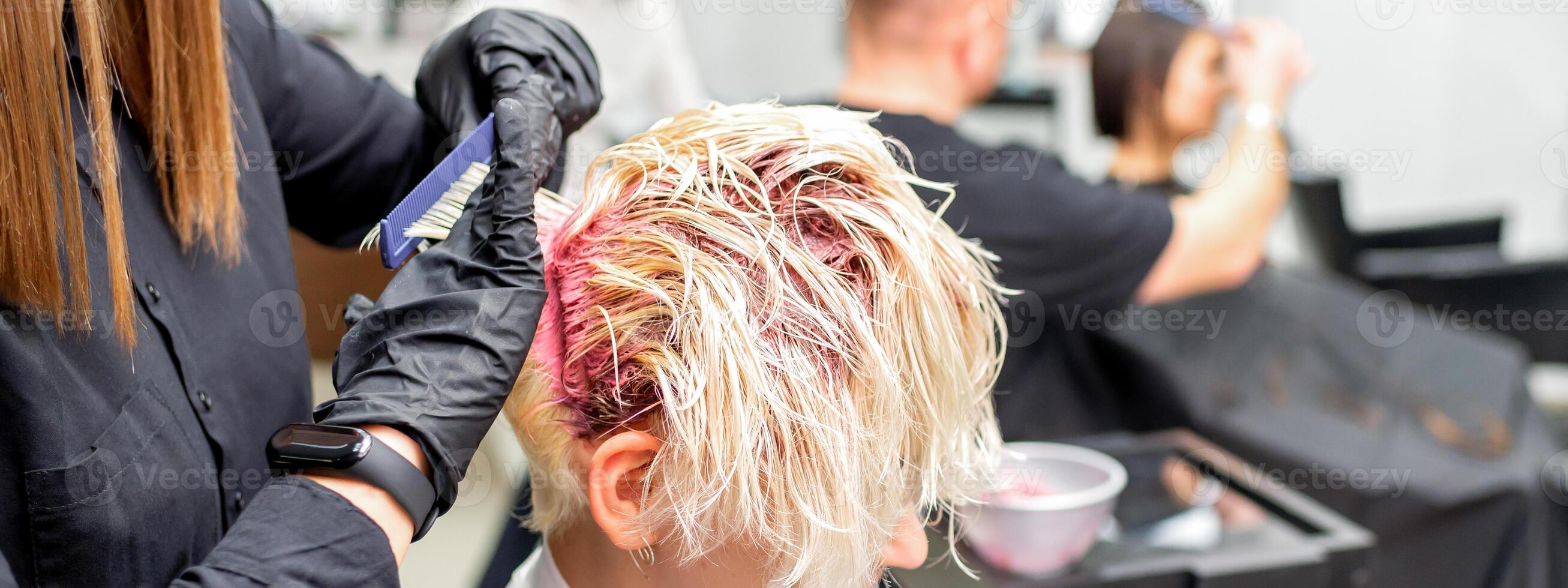 The professional hairdresser uses a brush to apply the pink dye to the hair. Hair coloring concept. photo