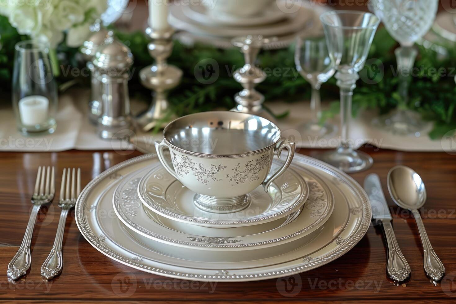 a dinner plate and cutlery for a wedding at a luxury hotel advertising food photography photo