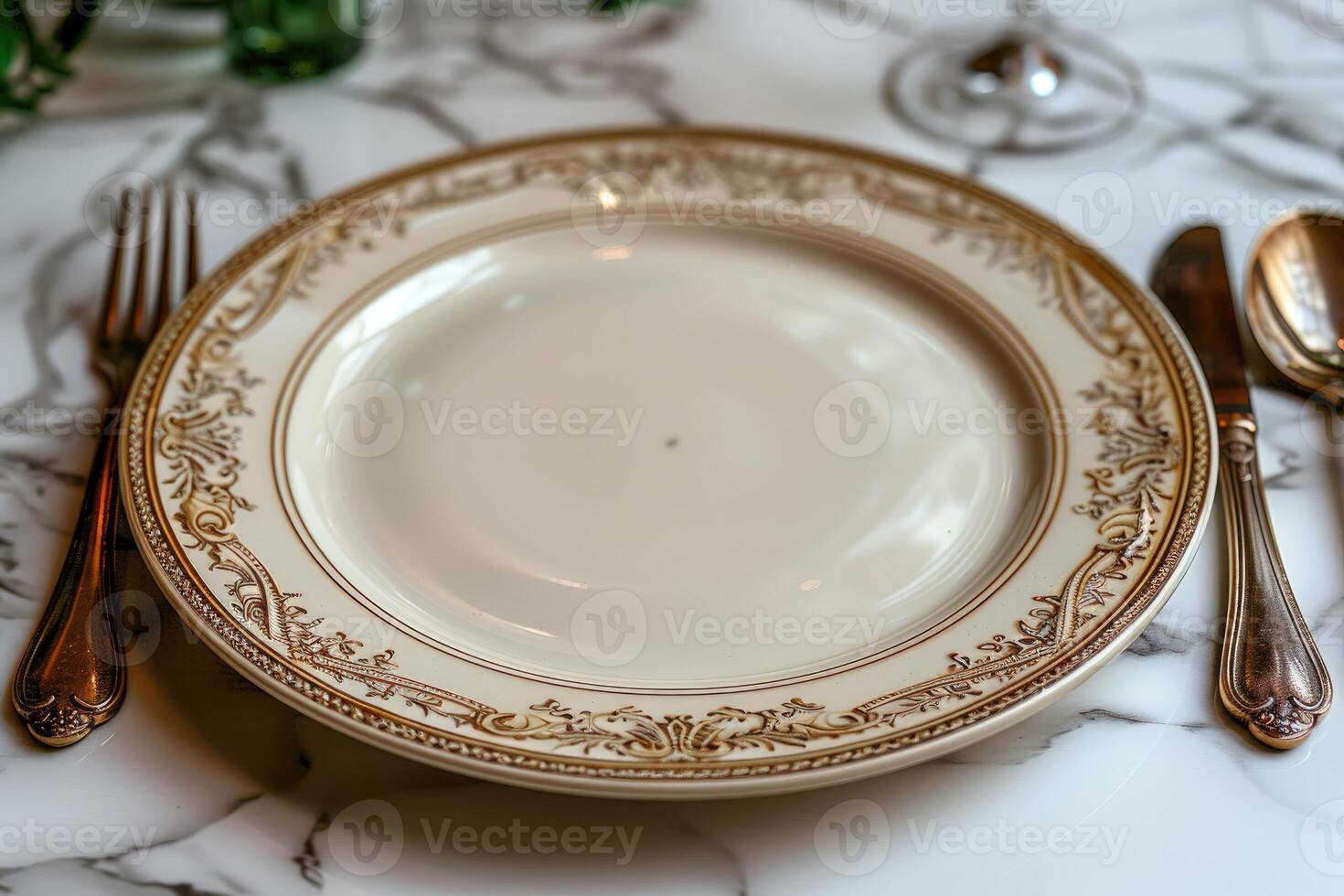 a dinner plate and cutlery for a wedding at a luxury hotel advertising food photography photo